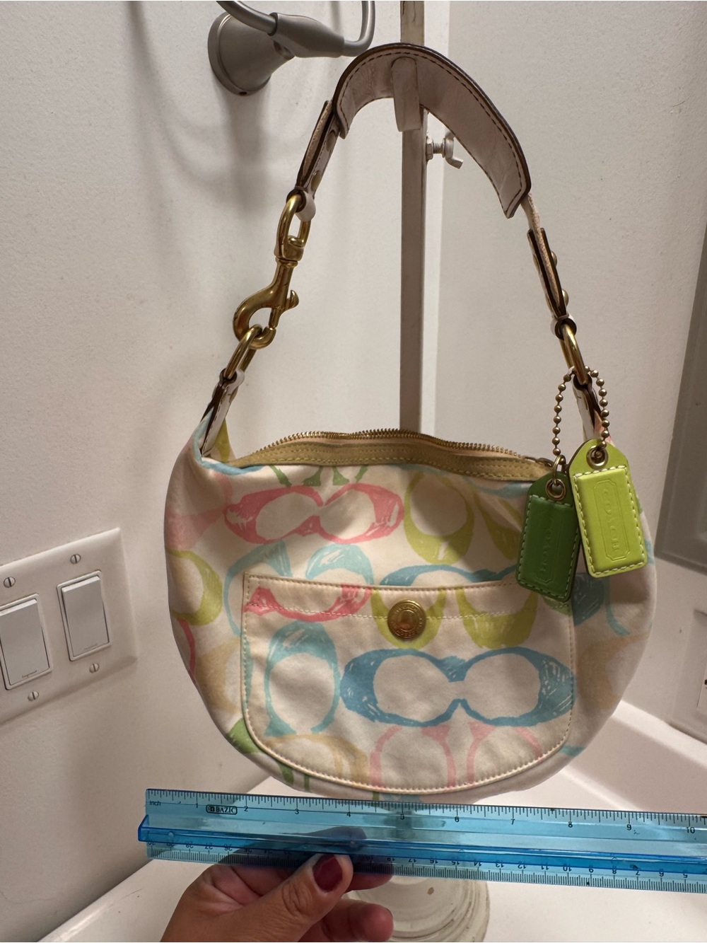 Coach Hamptons Scribble Hobo Bag with Lime Green Tags
